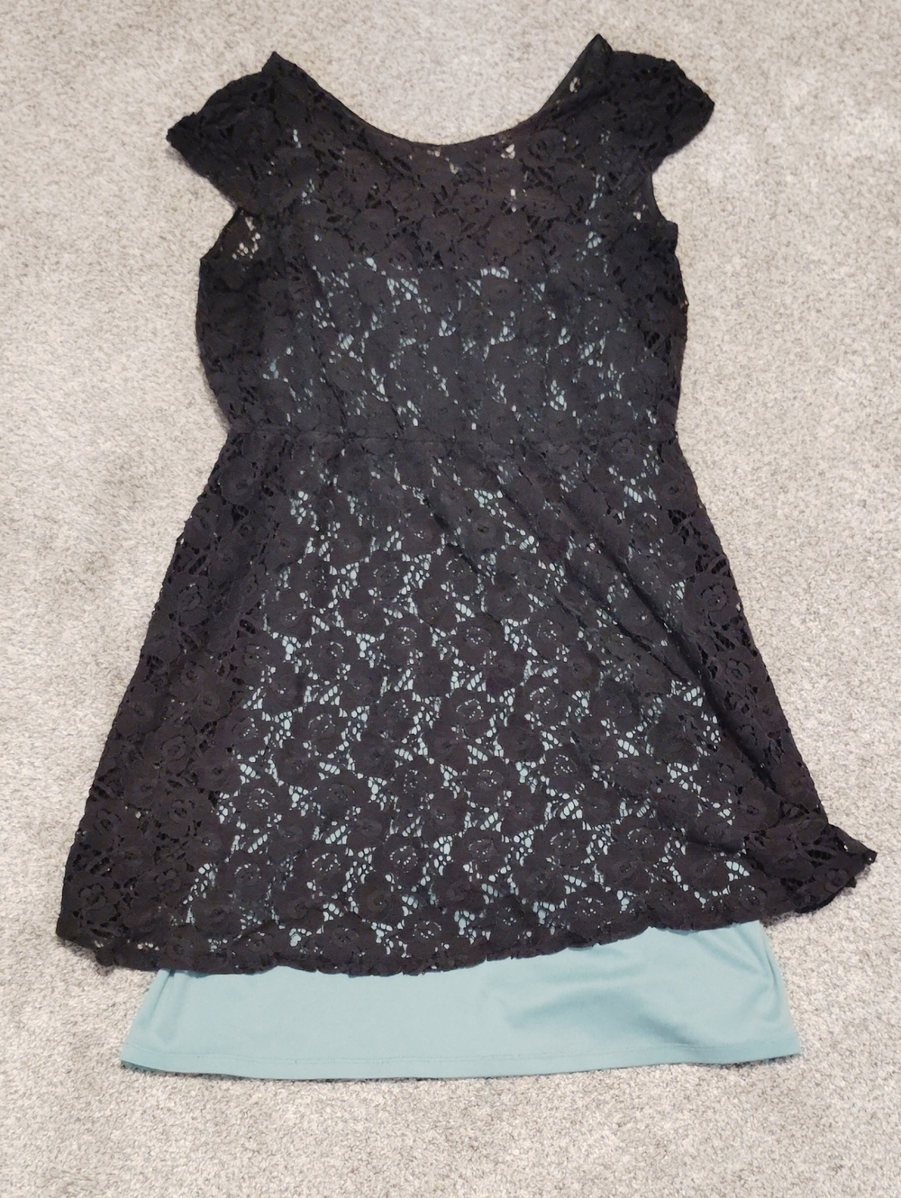 Black Lace Overlay Tunic Dress with Cap Sleeves
